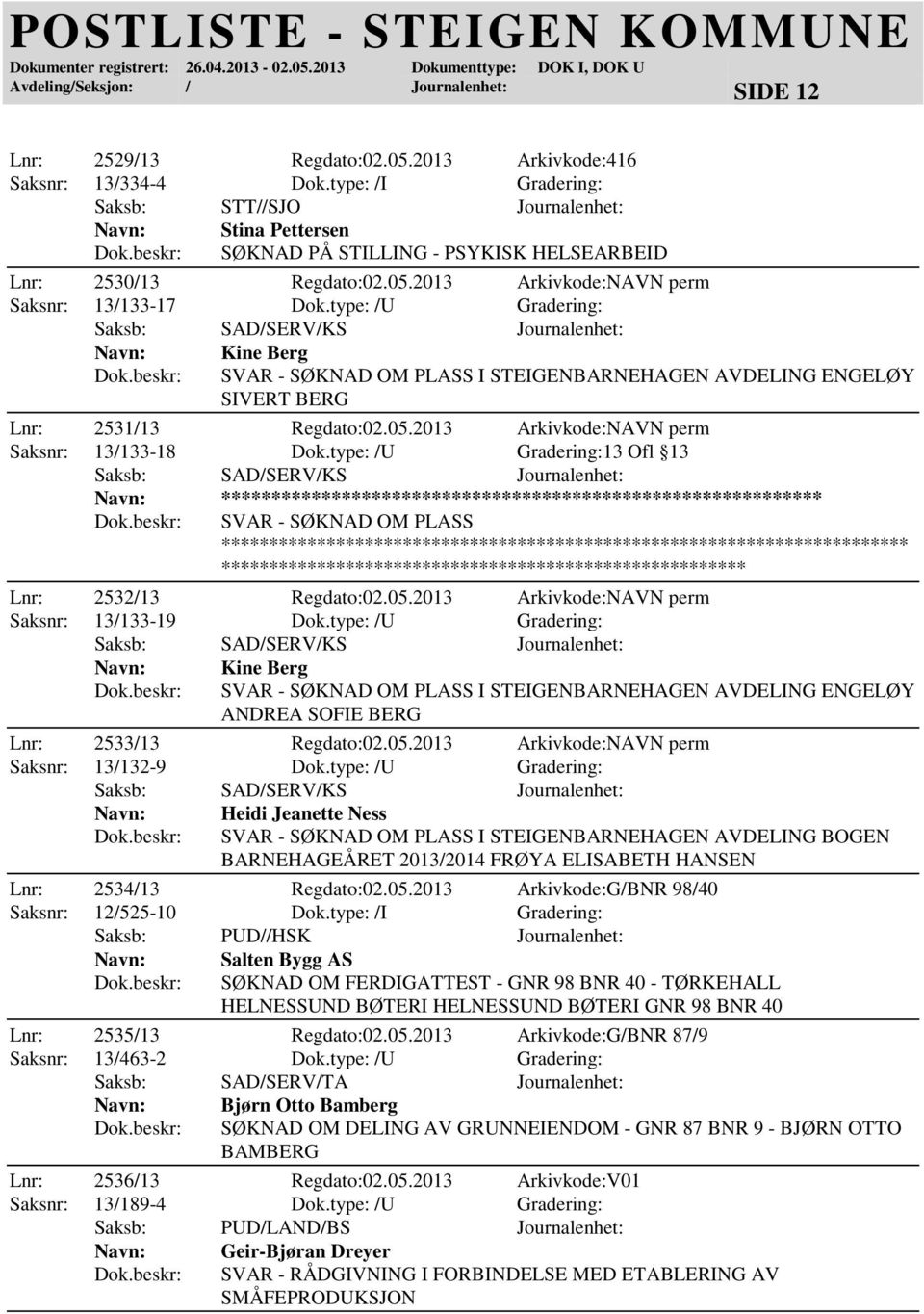type: /U Gradering:13 Ofl 13 ***** SVAR - SØKNAD OM PLASS ***************** Lnr: 2532/13 Regdato:02.05.2013 Arkivkode:NAVN perm Saksnr: 13/133-19 Dok.