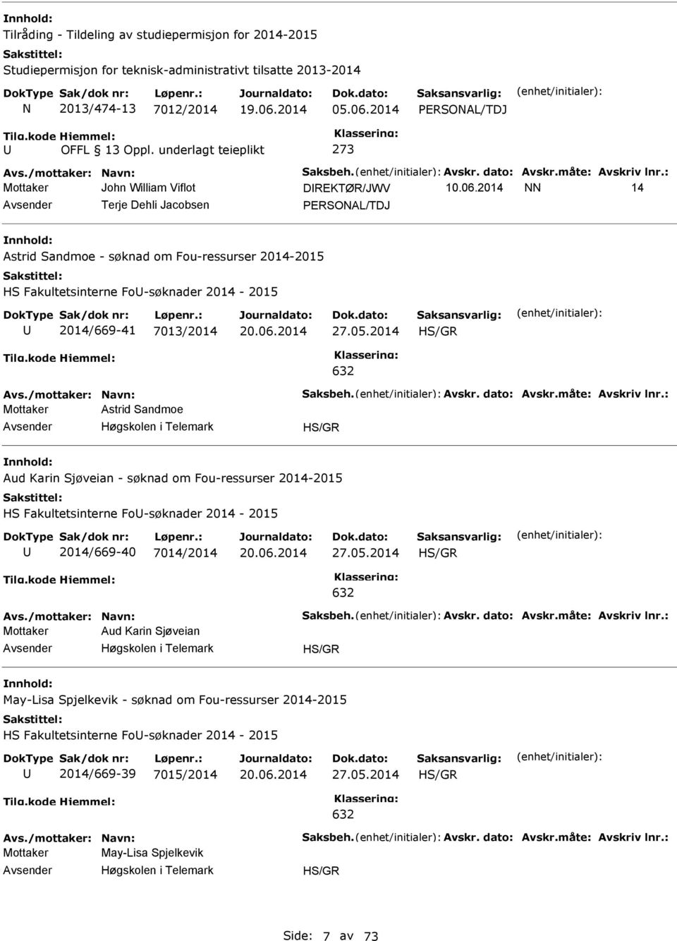 2014 NN 14 Terje Dehli Jacobsen ERONAL/TDJ Astrid andmoe - søknad om Fou-ressurser 2014-2015 H Fakultetsinterne Fo-søknader 2014-2015 2014/669-41 7013/2014 27.05.2014 H/GR 632 Avs.