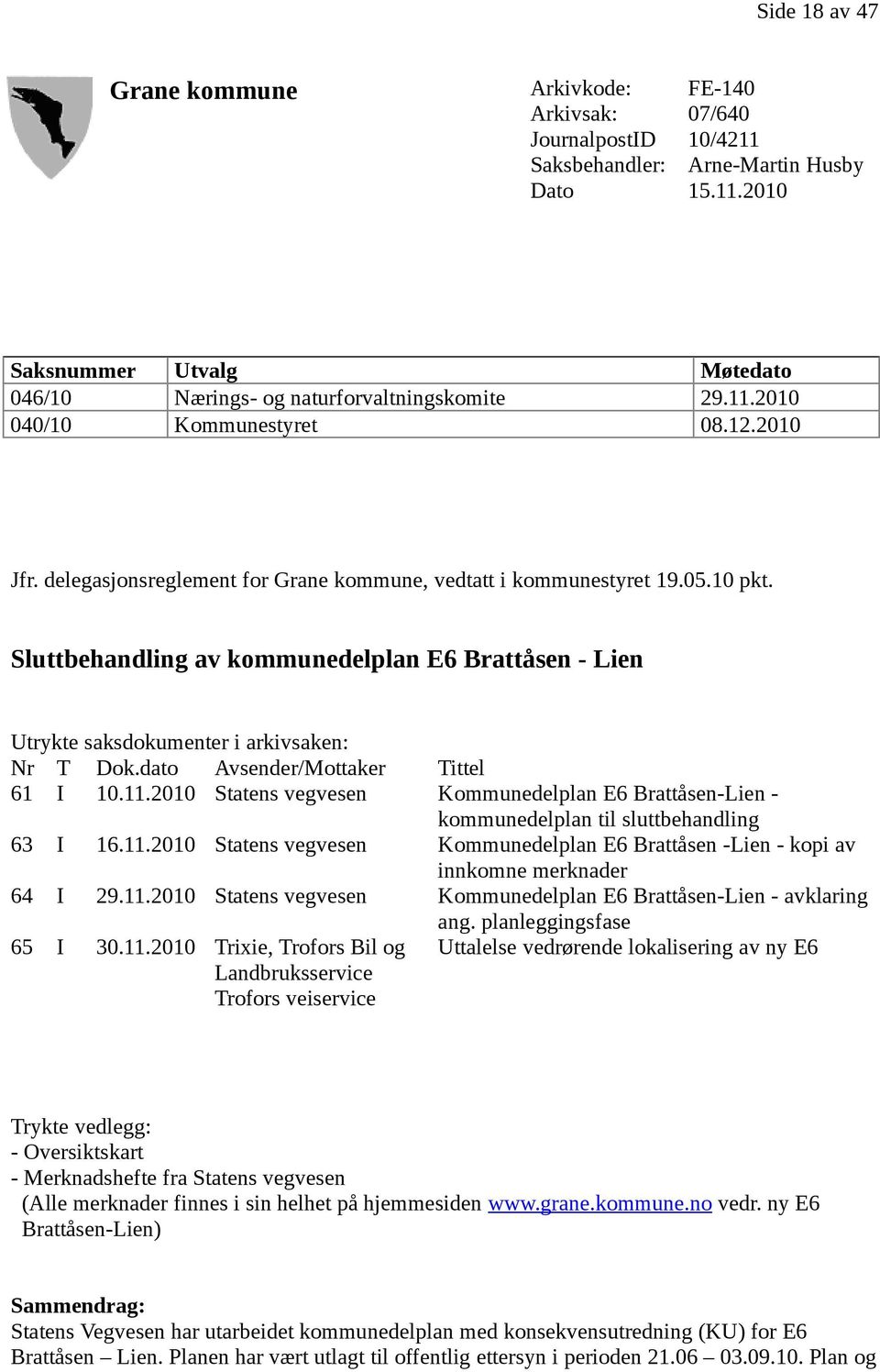 Sluttbehandling av kommunedelplan E6 Brattåsen - Lien Utrykte saksdokumenter i arkivsaken: Nr T Dok.dato Avsender/Mottaker Tittel 61 I 10.11.