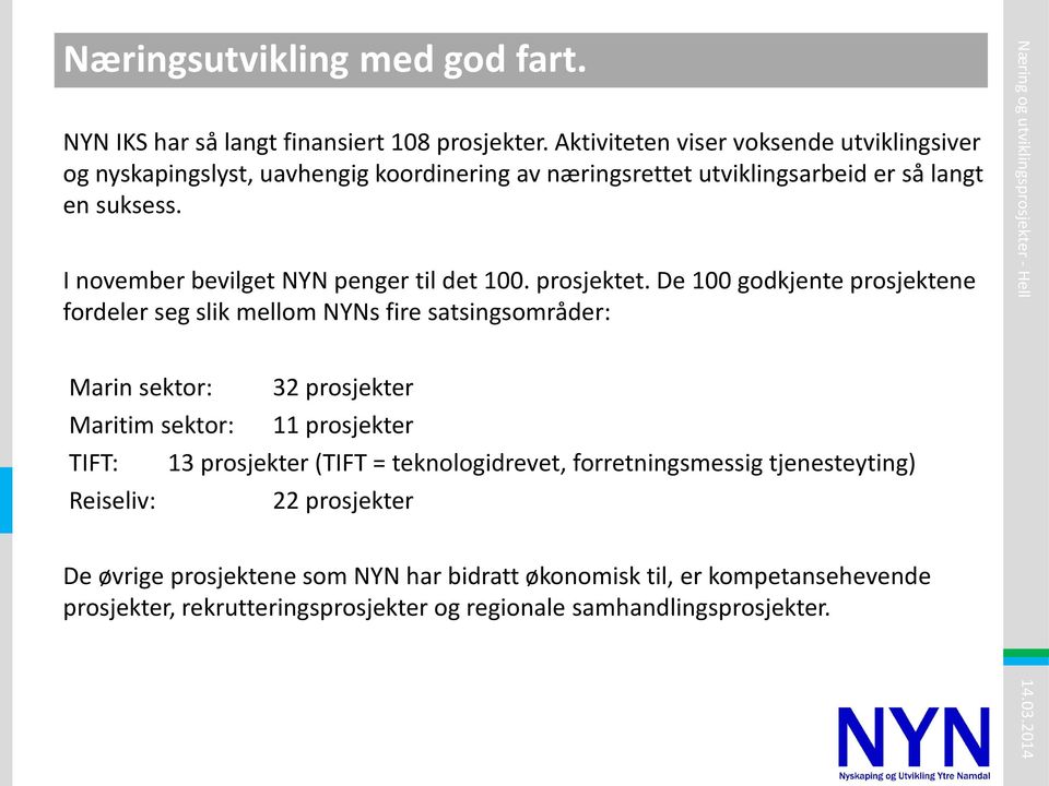 I november bevilget NYN penger til det 100. prosjektet.