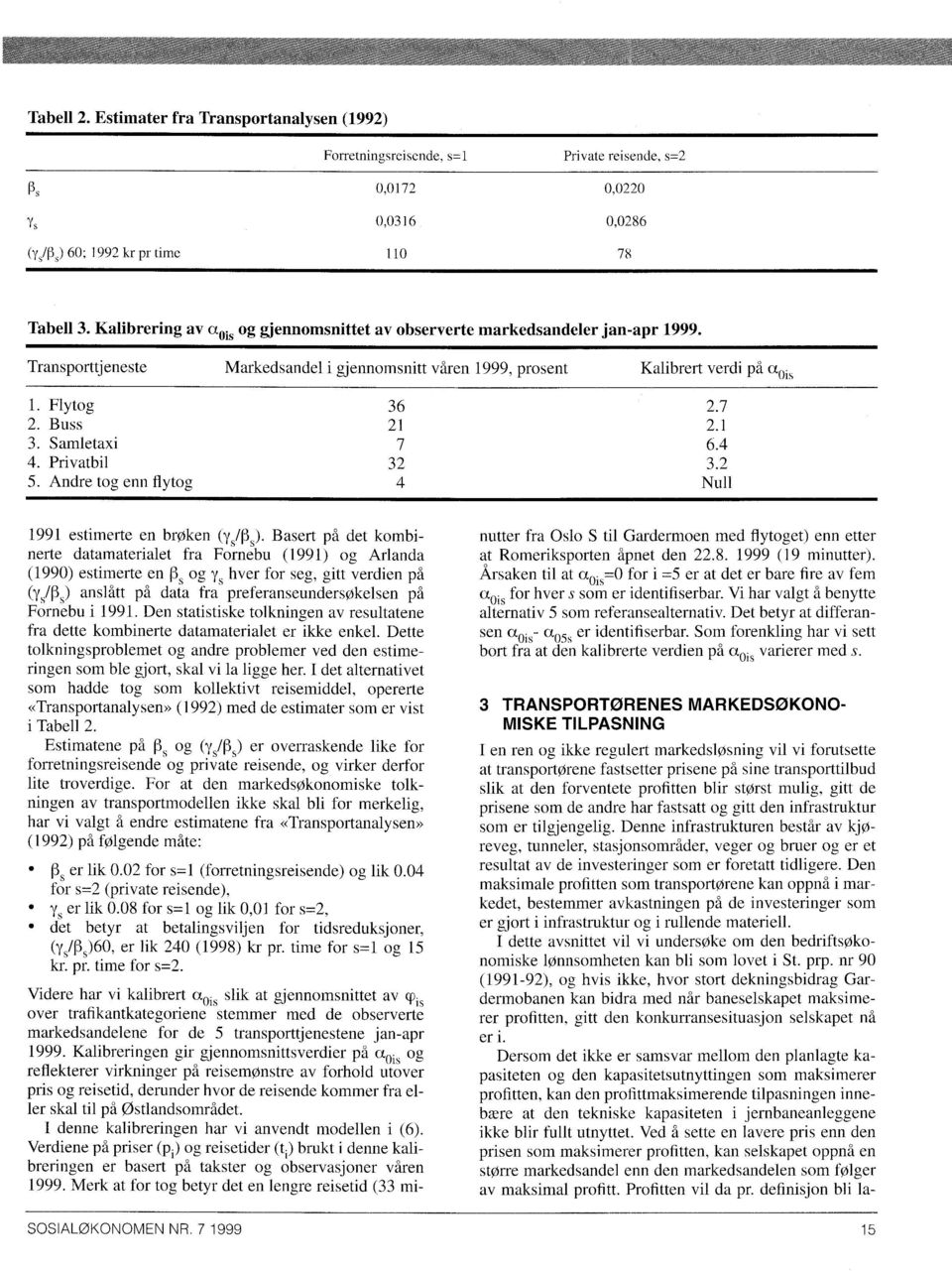 Kalibrering av Nis og gjennomsnittet av observerte markedsandeler jan-apr 1999. Transporttjeneste Markedsandel i gjennomsnitt våren 1999, prosent Kalibrert verdi på 1. Flytog 36 2.7 2. Buss 21 2.1 3.