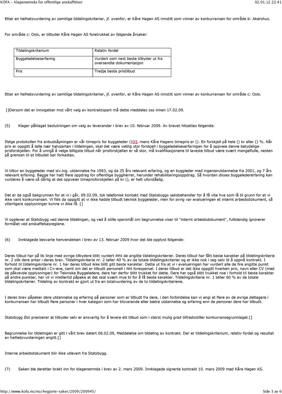 dokumentasjon Tredje beste pristilbud Etter en helhetsvurdering av samtlige tildelingskriterier, jf. ovenfor, er Kåre Hagen AS innstilt som vinner av konkurransen for område c: Oslo.