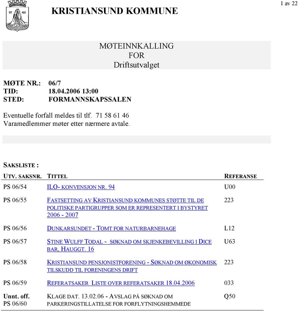 94 U00 PS 06/55 FASTSETTING AV KRISTIANSUND KOMMUNES STØTTE TIL DE POLITISKE PARTIGRUPPER SOM ER REPRESENTERT I BYSTYRET 2006-2007 223 PS 06/56 DUNKARSUNDET - TOMT FOR NATURBARNEHAGE L12 PS 06/57 PS