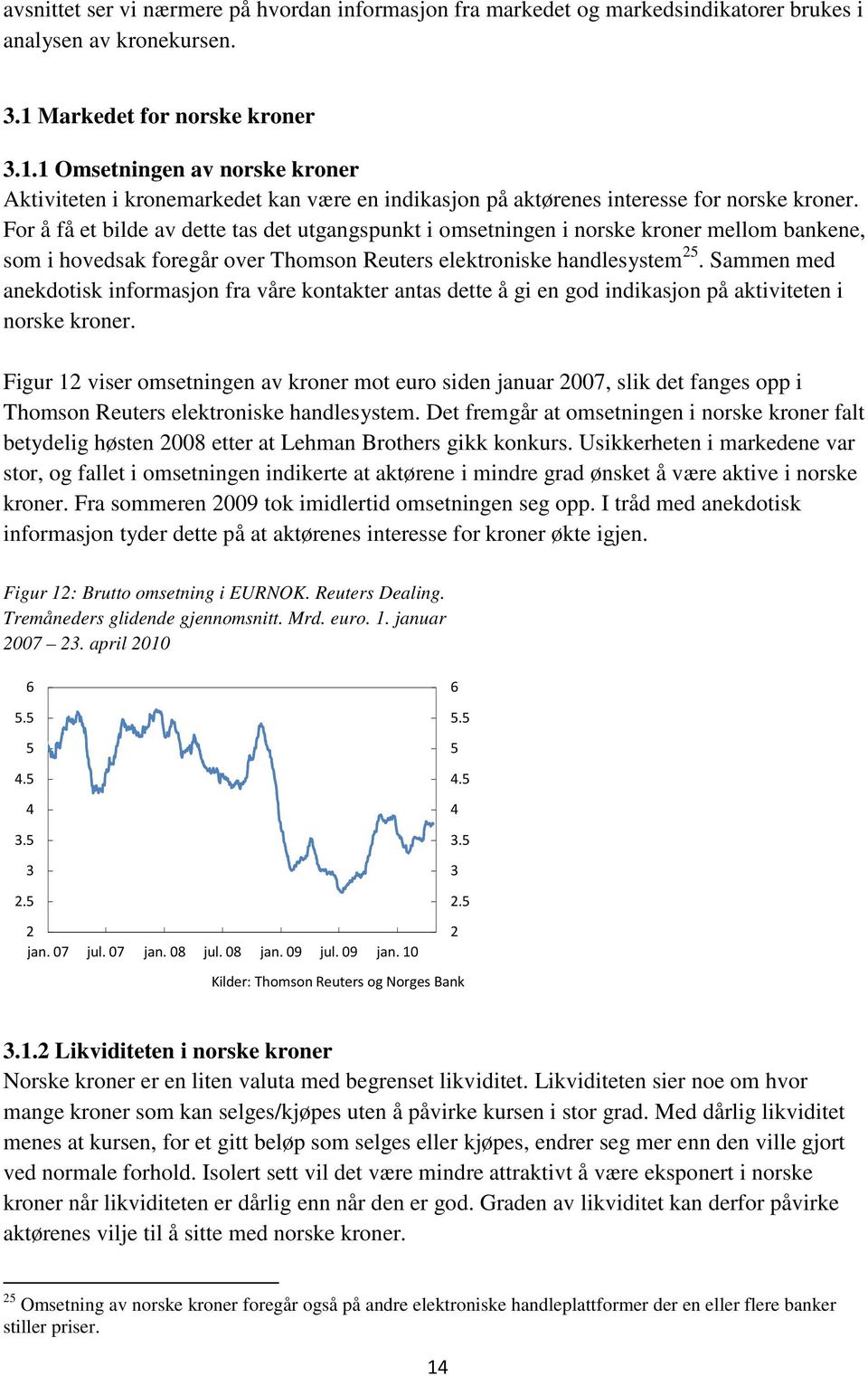 For å få et bilde av dette tas det utgangspunkt i omsetningen i norske kroner mellom bankene, som i hovedsak foregår over Thomson Reuters elektroniske handlesystem 25.