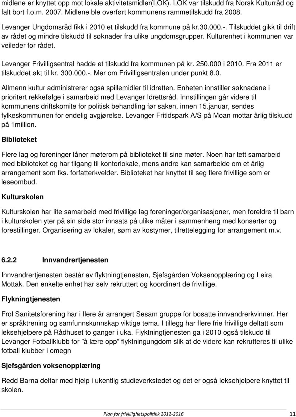 Kulturenhet i kommunen var veileder for rådet. Levanger Frivilligsentral hadde et tilskudd fra kommunen på kr. 250.000 i 2010. Fra 2011 er tilskuddet økt til kr. 300.000.-.