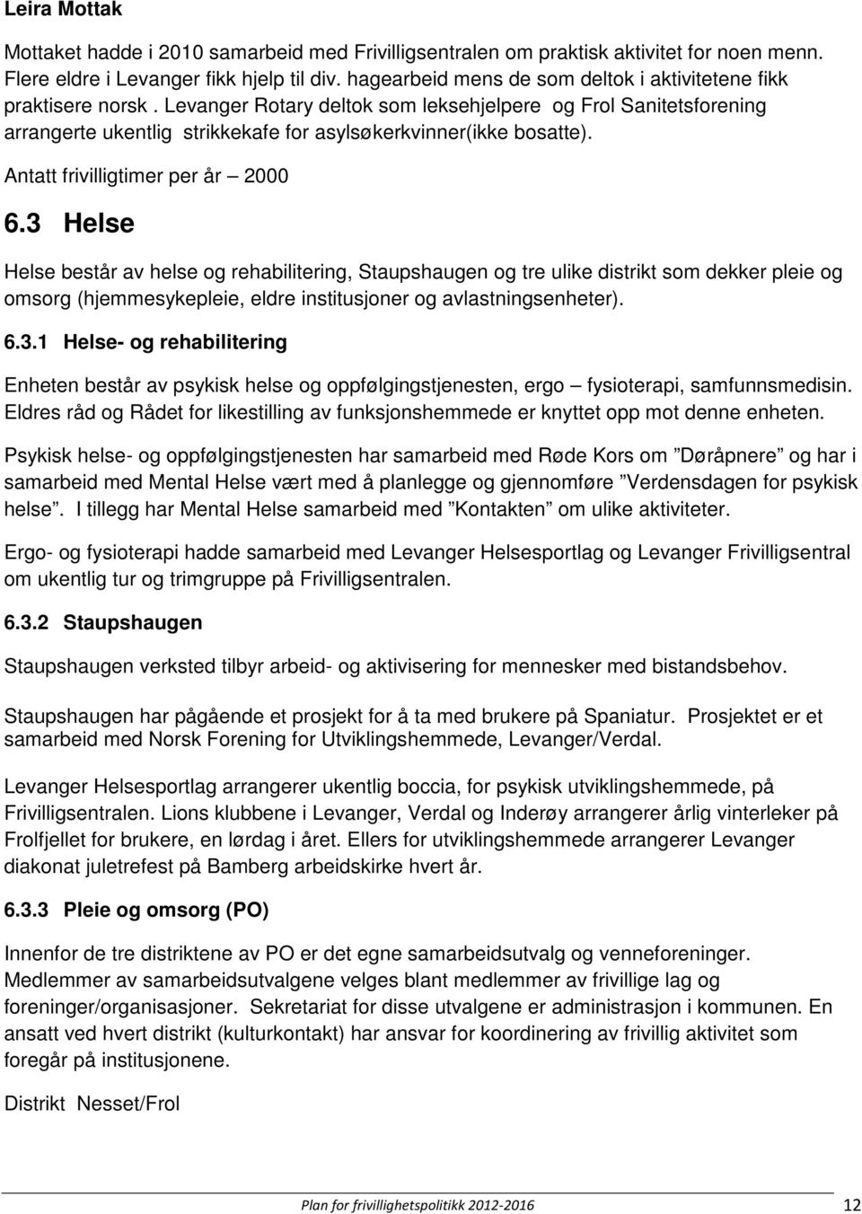 Levanger Rotary deltok som leksehjelpere og Frol Sanitetsforening arrangerte ukentlig strikkekafe for asylsøkerkvinner(ikke bosatte). Antatt frivilligtimer per år 2000 6.