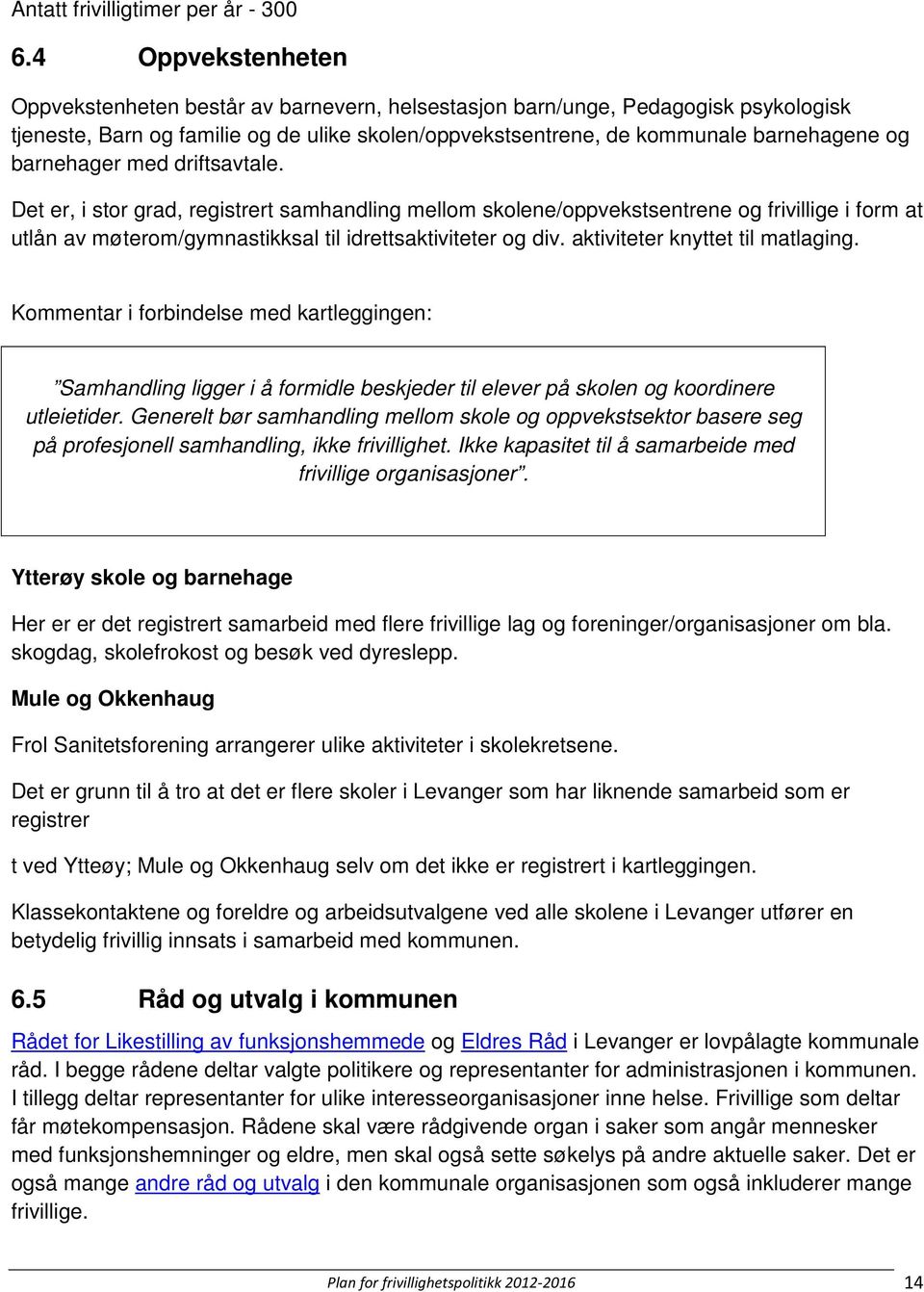 barnehager med driftsavtale. Det er, i stor grad, registrert samhandling mellom skolene/oppvekstsentrene og frivillige i form at utlån av møterom/gymnastikksal til idrettsaktiviteter og div.