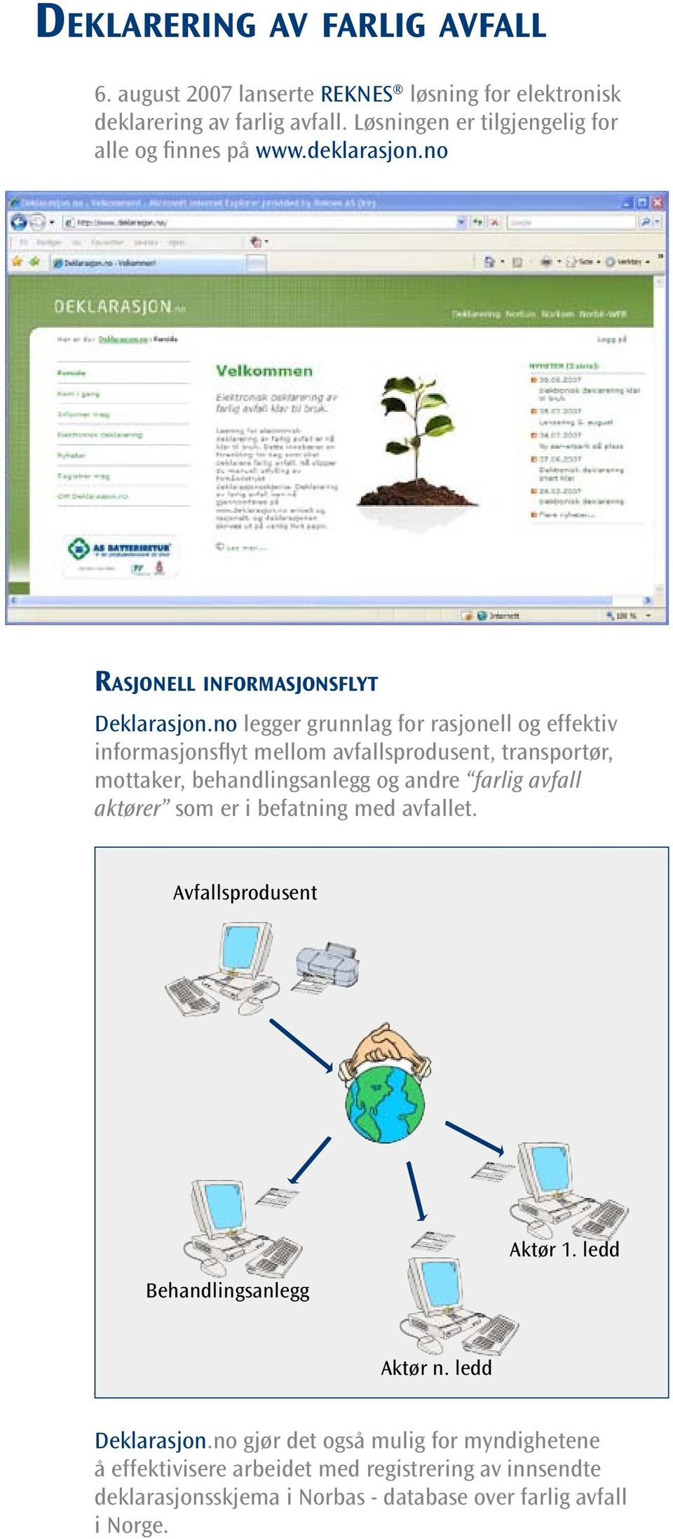 august lanserte REKNES løsning for elektronisk deklarering av farlig avfall. Løsningen er tilgjengelig for alle og finnes på www.deklarasjon.no Rasjonell informasjonsflyt Deklarasjon.