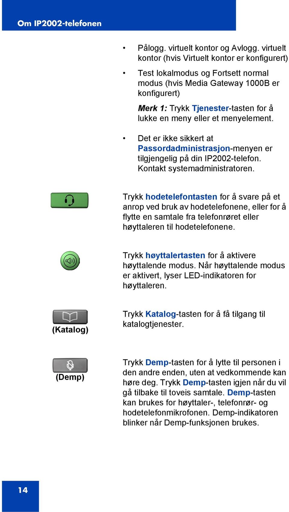 menyelement. Det er ikke sikkert at Passordadministrasjon-menyen er tilgjengelig på din IP2002-telefon. Kontakt systemadministratoren.