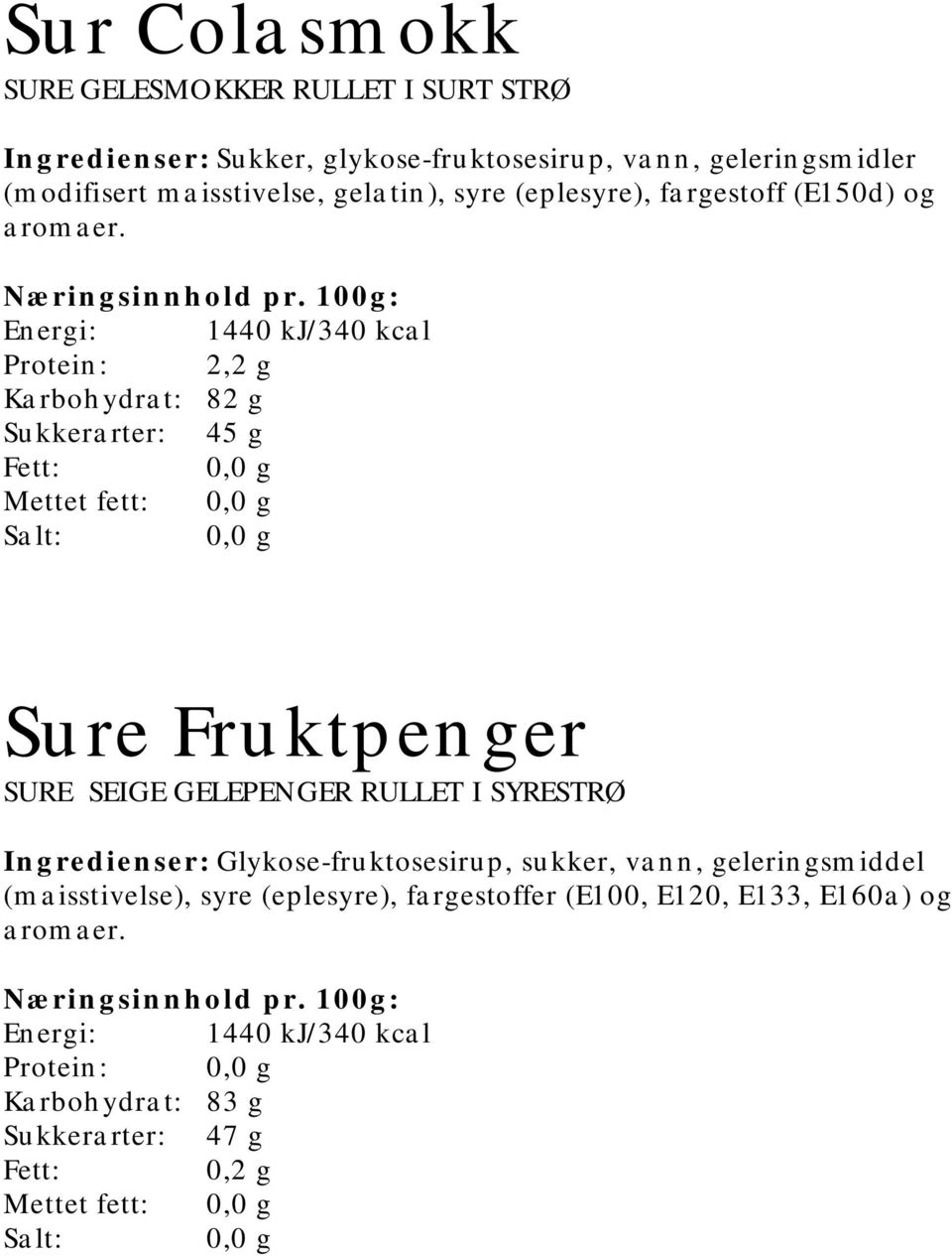 Energi: 1440 kj/340 kcal Protein: 2,2 g Karbohydrat: 82 g Sukkerarter: 45 g Mettet fett: Sure Fruktpenger SURE SEIGE GELEPENGER RULLET I