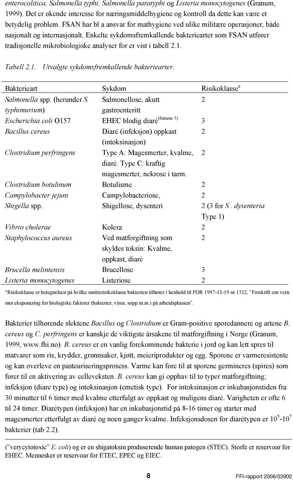 Enkelte sykdomsfremkallende bakteriearter som FSAN utfører tradisjonelle mikrobiologiske analyser for er vist i tabell 2.1. Tabell 2.1. Utvalgte sykdomsfremkallende bakteriearter.