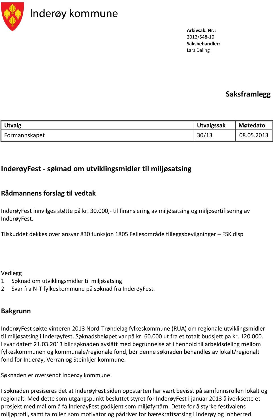 000,- til finansiering av miljøsatsing og miljøsertifisering av InderøyFest.