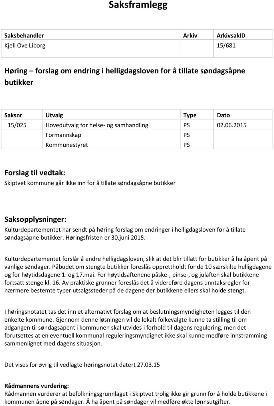 2015 Formannskap PS Kommunestyret PS Forslag til vedtak: Skiptvet kommune går ikke inn for å tillate søndagsåpne butikker Saksopplysninger: Kulturdepartementet har sendt på høring forslag om