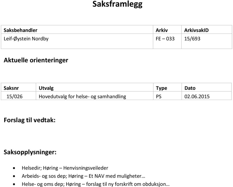 2015 Forslag til vedtak: Saksopplysninger: Helsedir; Høring Henvisningsveileder Arbeids- og