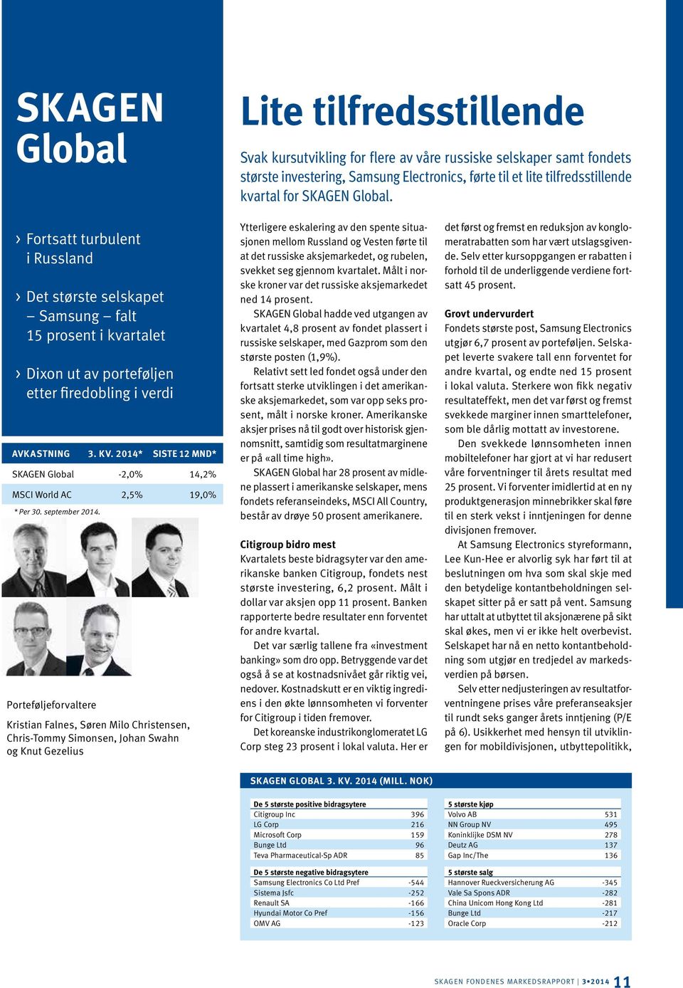 2014* Siste 12 mnd* Global -2,0% 14,2% MSCI World AC 2,5% 19,0% * Per 30. september 2014.