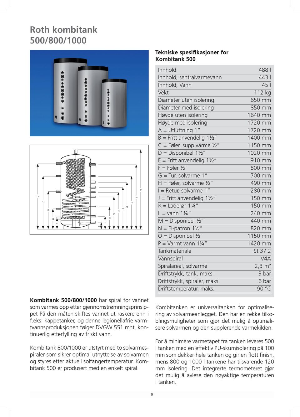 varme ½ 1150 mm D = Disponibel 1½ 1020 mm E = Fritt anvendelig 1½ 910 mm F = Føler ½ 800 mm G = Tur, solvarme 1 700 mm H = Føler, solvarme ½ 490 mm I = Retur, solvarme 1 280 mm J = Fritt anvendelig