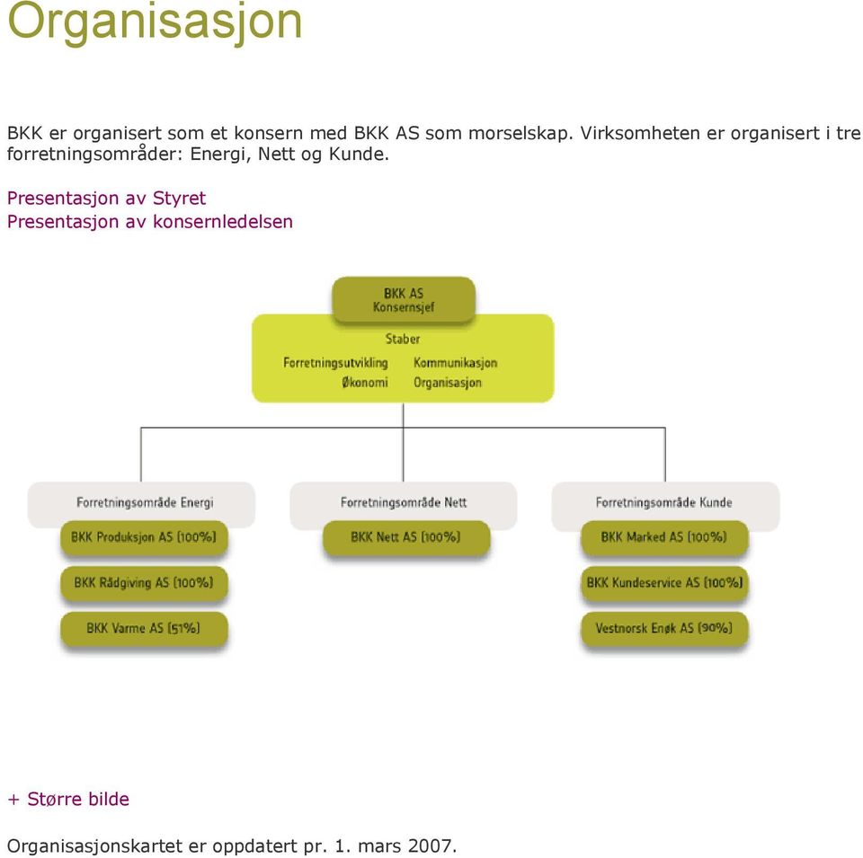 Virksomheten er organisert i tre forretningsområder: Energi, Nett