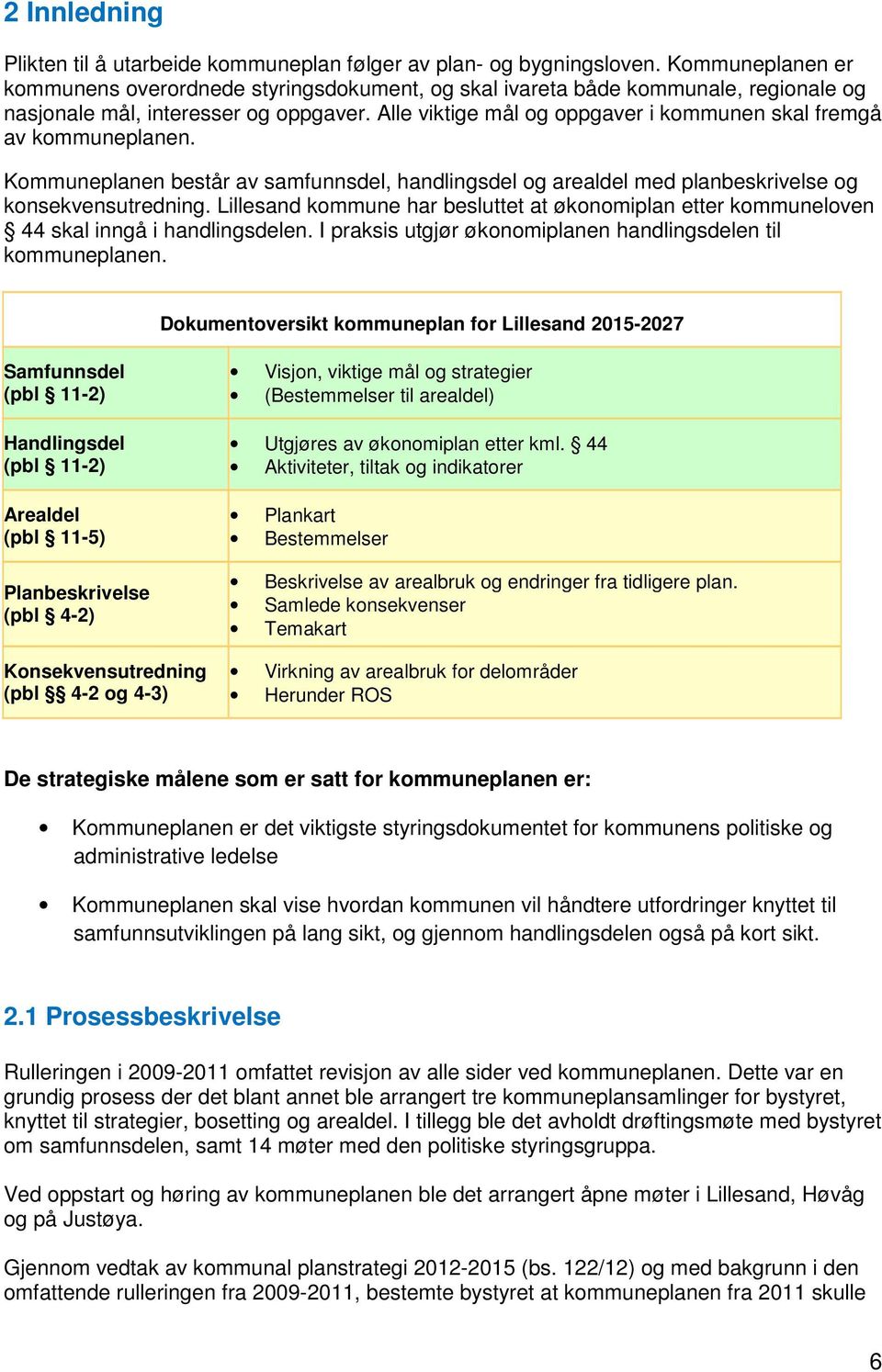 Alle viktige mål og oppgaver i kommunen skal fremgå av kommuneplanen. Kommuneplanen består av samfunnsdel, handlingsdel og arealdel med planbeskrivelse og konsekvensutredning.