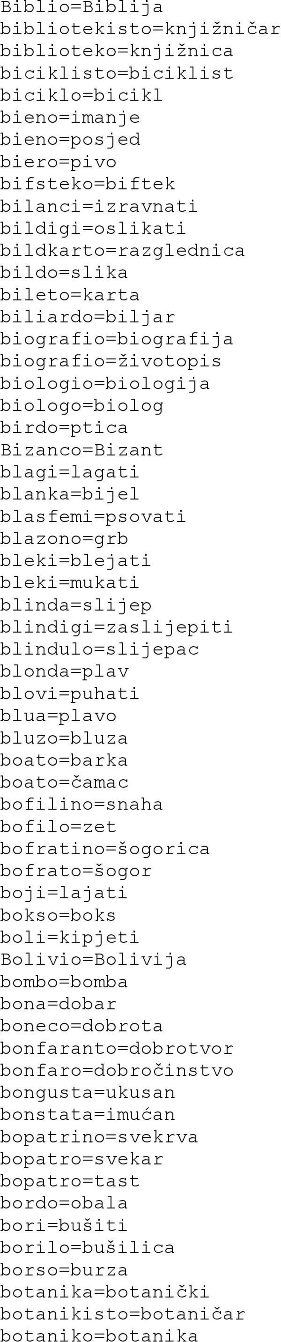 blasfemi=psovati blazono=grb bleki=blejati bleki=mukati blinda=slijep blindigi=zaslijepiti blindulo=slijepac blonda=plav blovi=puhati blua=plavo bluzo=bluza boato=barka boato=čamac bofilino=snaha