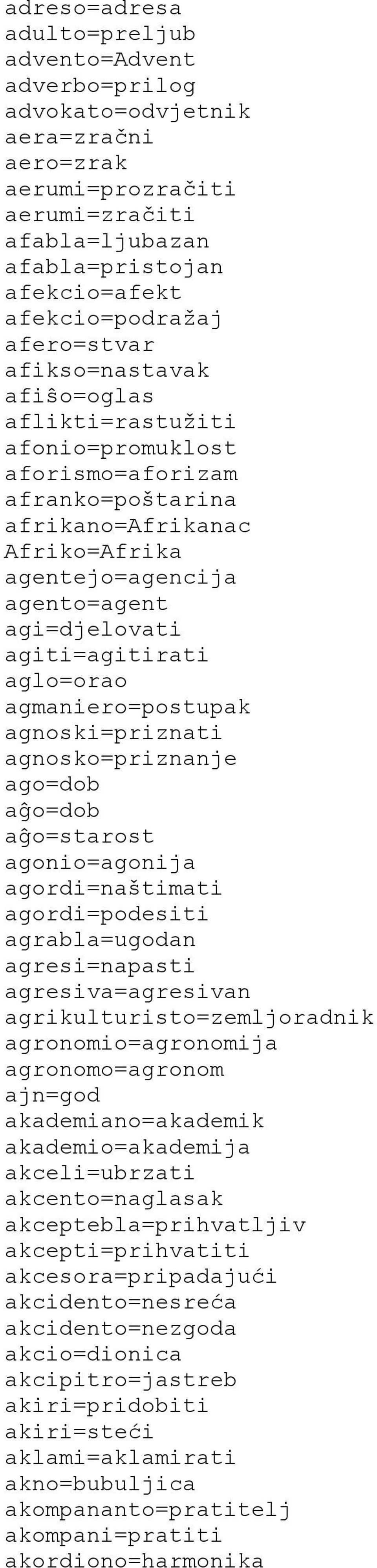 agiti=agitirati aglo=orao agmaniero=postupak agnoski=priznati agnosko=priznanje ago=dob aĝo=dob aĝo=starost agonio=agonija agordi=naštimati agordi=podesiti agrabla=ugodan agresi=napasti