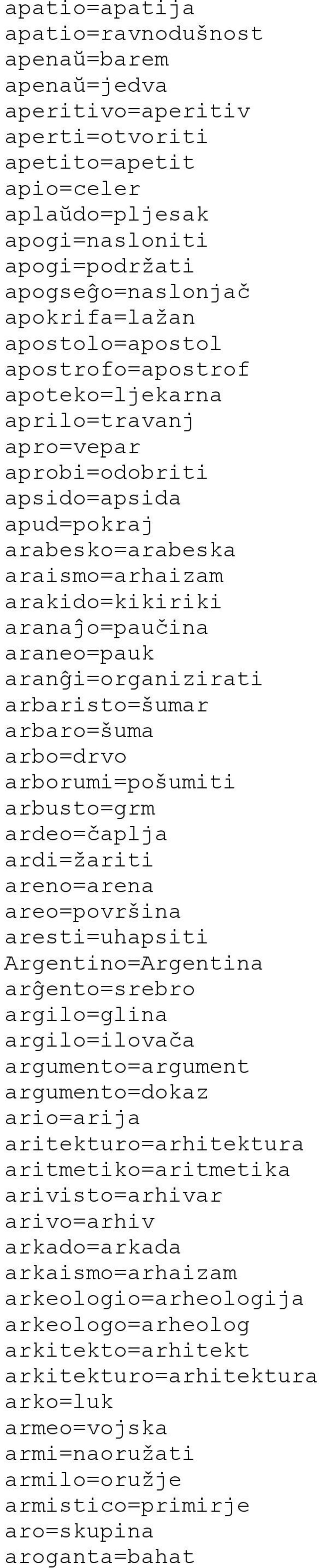 aranaĵo=paučina araneo=pauk aranĝi=organizirati arbaristo=šumar arbaro=šuma arbo=drvo arborumi=pošumiti arbusto=grm ardeo=čaplja ardi=žariti areno=arena areo=površina aresti=uhapsiti