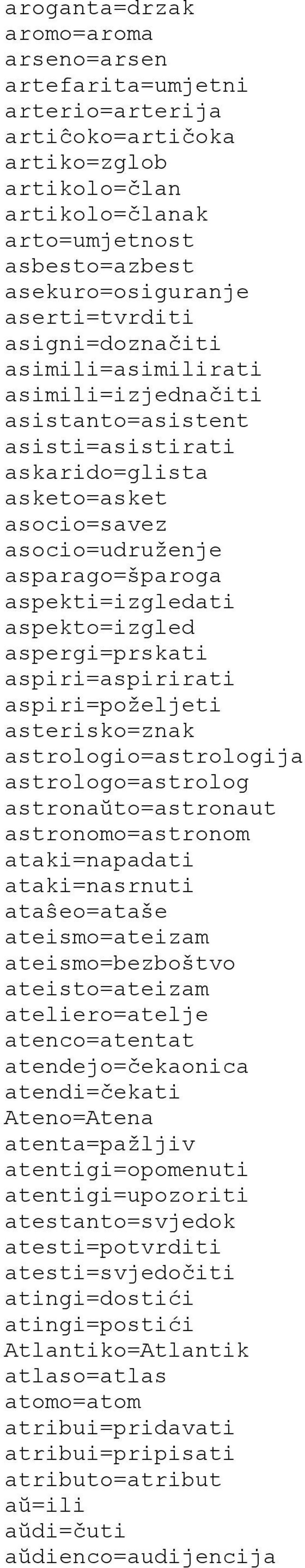 aspekti=izgledati aspekto=izgled aspergi=prskati aspiri=aspirirati aspiri=poželjeti asterisko=znak astrologio=astrologija astrologo=astrolog astronaŭto=astronaut astronomo=astronom ataki=napadati