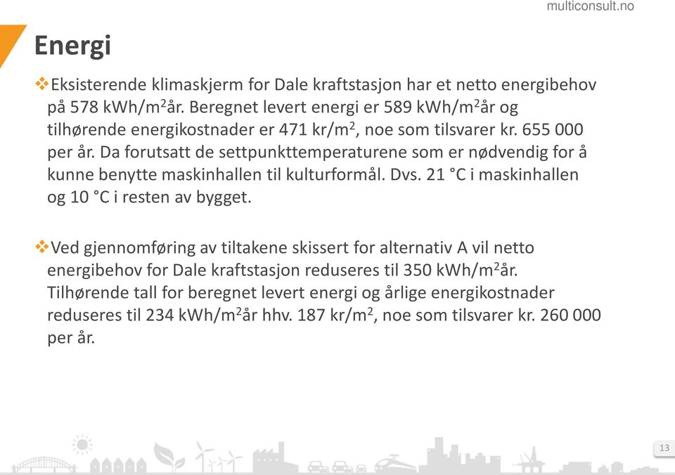 Da forutsatt de settpunkttemperaturene som er nødvendig for å kunne benytte maskinhallen til kulturformål. Dvs. 21 C i maskinhallen og 10 C i resten av bygget.