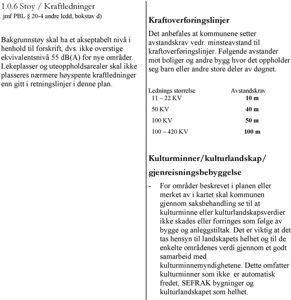 Kraftoverføringslinjer Det anbefales at kommunene setter avstandskrav vedr. minsteavstand til kraftoverføringslinjer.