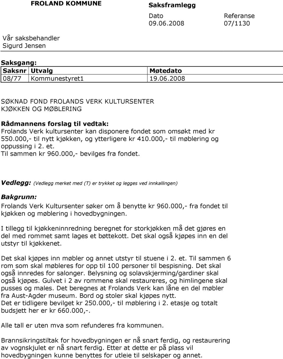 2008 SØKNAD FOND FROLANDS VERK KULTURSENTER KJØKKEN OG MØBLERING Rådmannens forslag til vedtak: Frolands Verk kultursenter kan disponere fondet som omsøkt med kr 550.