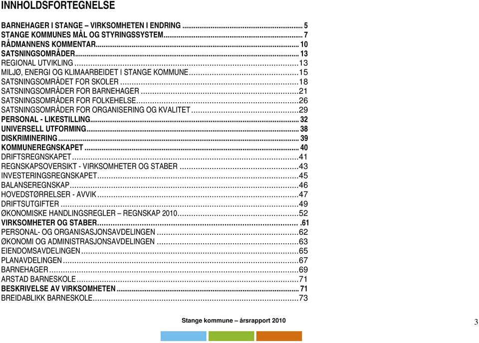 ..26 SATSNINGSOMRÅDER FOR ORGANISERING OG KVALITET...29 PERSONAL - LIKESTILLING... 32 UNIVERSELL UTFORMING... 38 DISKRIMINERING... 39 KOMMUNEREGNSKAPET... 40 DRIFTSREGNSKAPET.