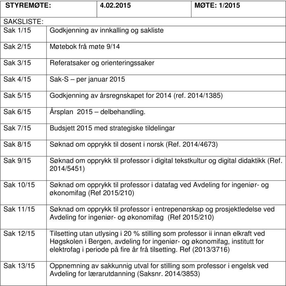 Godkjenning av årsregnskapet for 2014 (ref. 2014/1385) Sak 6/15 Sak 7/15 Årsplan 2015 delbehandling. Budsjett 2015 med strategiske tildelingar Sak 8/15 Søknad om opprykk til dosent i norsk (Ref.