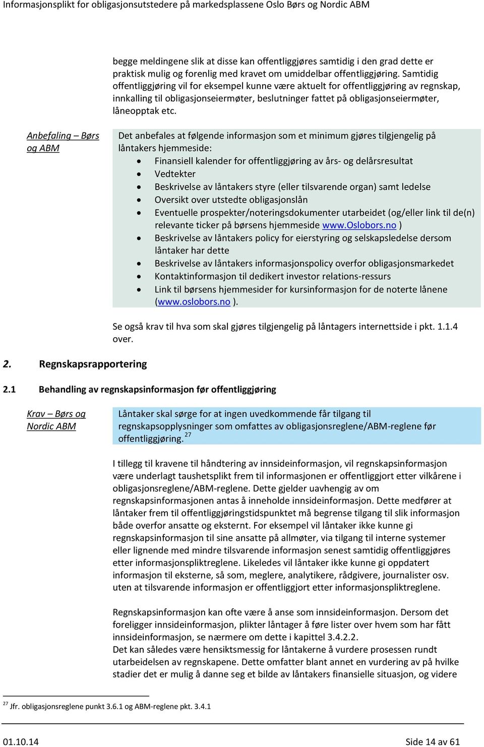 Anbefaling Børs og ABM Det anbefales at følgende informasjon som et minimum gjøres tilgjengelig på låntakers hjemmeside: Finansiell kalender for offentliggjøring av års- og delårsresultat Vedtekter