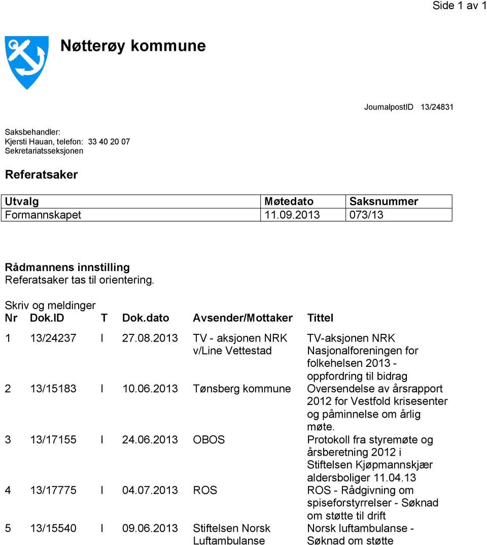 2013 TV - aksjonen NRK v/line Vettestad 2 13/15183 I 10.06.