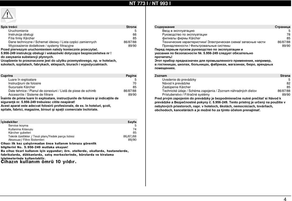 Z KRWHODFK V]NRáDFK V]SLWDODFK IDEU\NDFK VNOHSDFK ELXUDFK L Z\SR*\F]DOQLDFK Cuprins Pagina Luare în exploatare 5 Instrucþiuni de folosire 70 Sucursale Kärcher 85 Date tehnice / Planul de conexiuni /