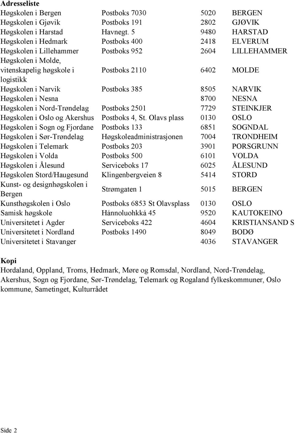 Høgskolen i Narvik Postboks 385 8505 NARVIK Høgskolen i Nesna 8700 NESNA Høgskolen i Nord-Trøndelag Postboks 2501 7729 STEINKJER Høgskolen i Oslo og Akershus Postboks 4, St.