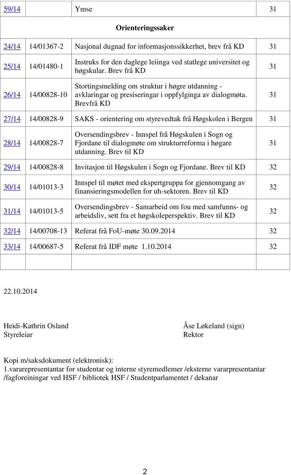 Brevfrå KD 31 31 27/14 14/00828-9 SAKS - orientering om styrevedtak frå Høgskolen i Bergen 31 28/14 14/00828-7 Oversendingsbrev - Innspel frå Høgskulen i Sogn og Fjordane til dialogmøte om