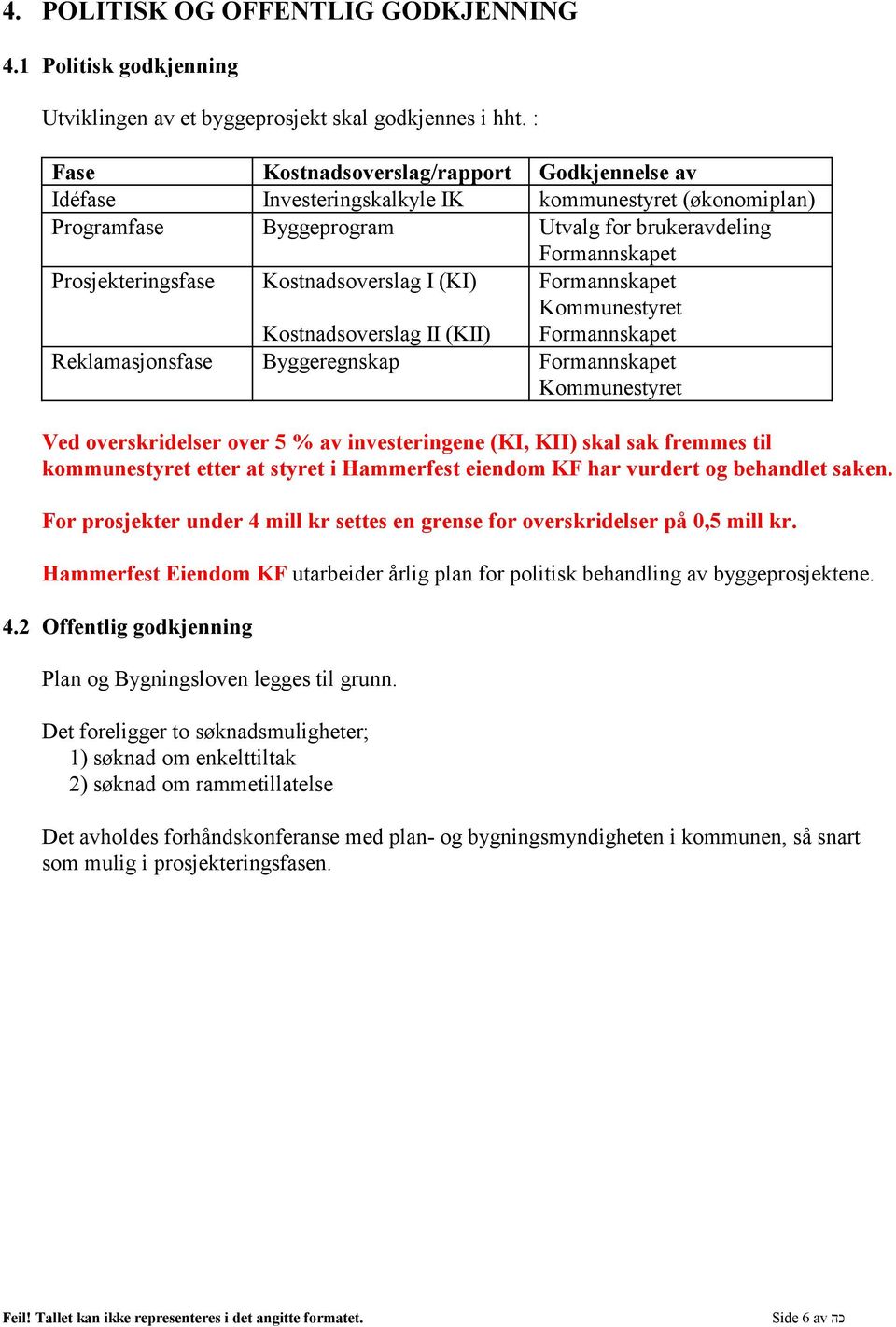 Kostnadsoverslag I (KI) Formannskapet Kommunestyret Formannskapet Kostnadsoverslag II (KII) Reklamasjonsfase Byggeregnskap Formannskapet Kommunestyret Ved overskridelser over 5 % av investeringene