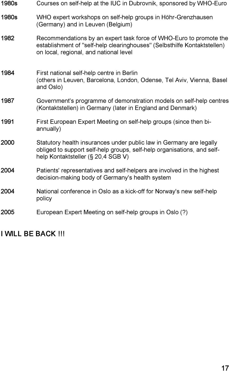 Berlin (others in Leuven, Barcelona, London, Odense, Tel Aviv, Vienna, Basel and Oslo) 1987 Government's programme of demonstration models on self help centres (Kontaktstellen) in Germany (later in