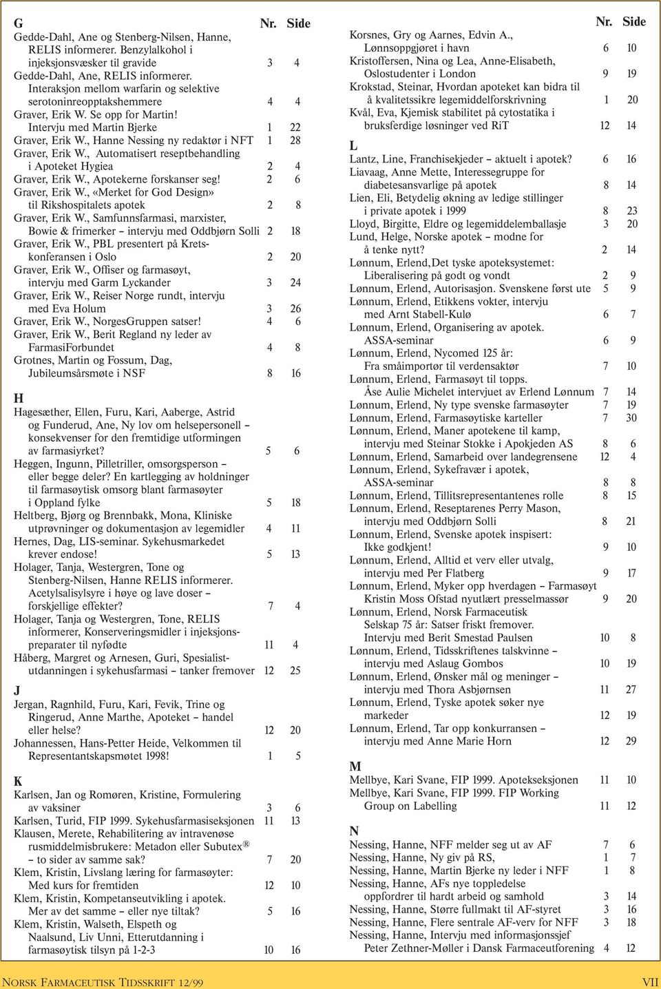 , Hanne Nessing ny redaktør i NFT 1 28 Graver, Erik W., Automatisert reseptbehandling i Apoteket Hygiea 2 4 Graver, Erik W., Apotekerne forskanser seg! 2 6 Graver, Erik W.