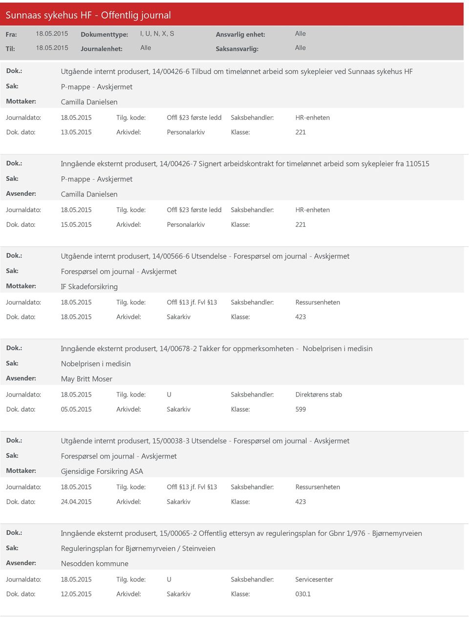 5 Camilla Danielsen Dok. dato: 15.05.2015 Arkivdel: Personalarkiv tgående internt produsert, 14/00566-6 tsendelse - IF Skadeforsikring Dok.