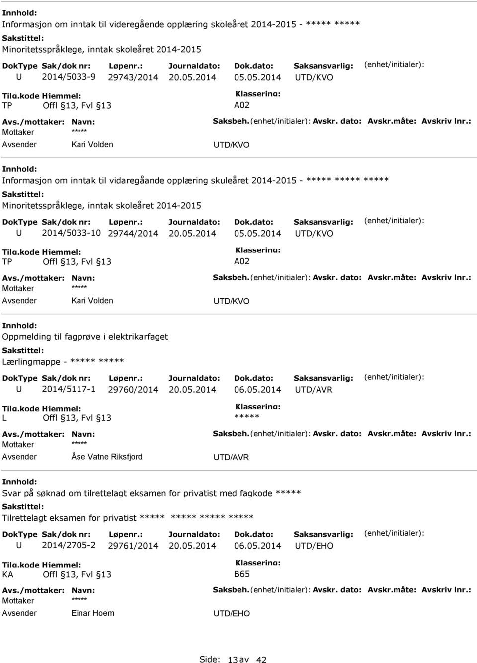 05.2014 TD/KVO A02 Avs./mottaker: Navn: Saksbeh. Avskr. dato: Avskr.måte: Avskriv lnr.: TD/KVO Oppmelding til fagprøve i elektrikarfaget Lærlingmappe - 2014/5117-1 29760/2014 TD/AVR L Avs.