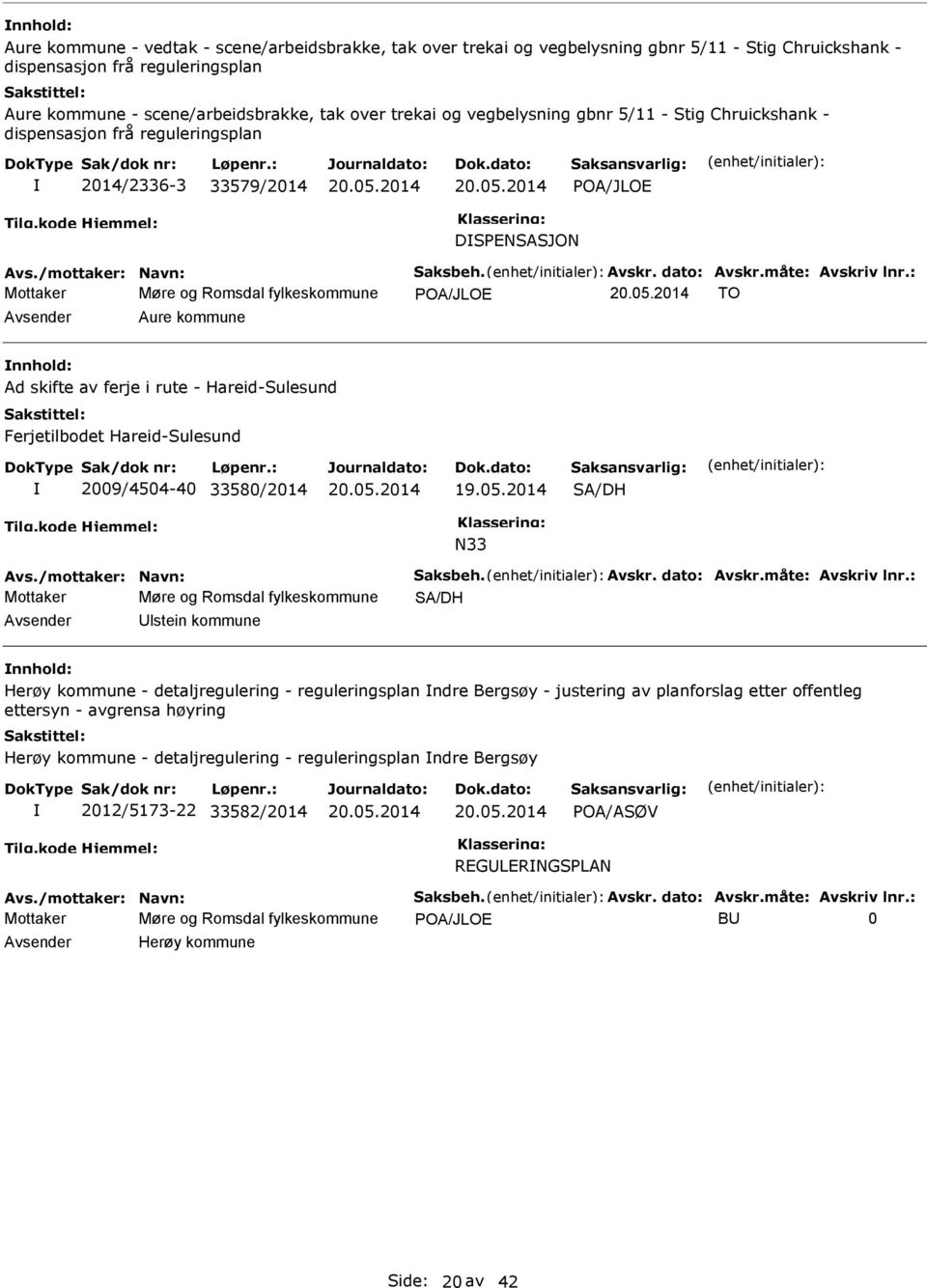 : Mottaker Møre og Romsdal fylkeskommune POA/JLOE TO Aure kommune Ad skifte av ferje i rute - Hareid-Sulesund Ferjetilbodet Hareid-Sulesund 2009/4504-40 33580/2014 SA/DH N33 Avs.