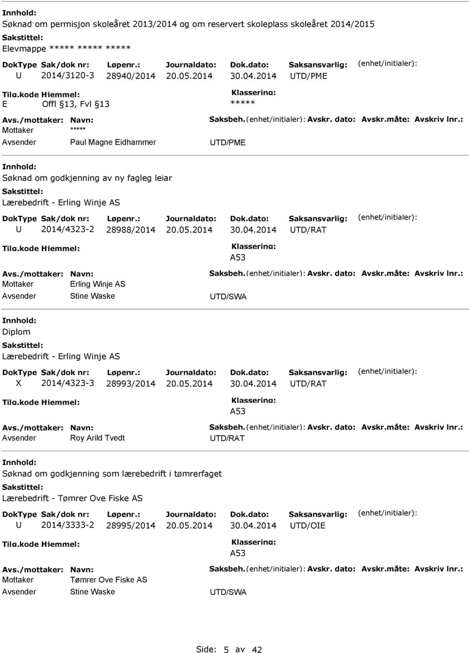 måte: Avskriv lnr.: Mottaker Erling Winje AS Stine Waske TD/SWA Diplom Lærebedrift - Erling Winje AS X 2014/4323-3 28993/2014 30.04.2014 TD/RAT A53 Avs./mottaker: Navn: Saksbeh. Avskr. dato: Avskr.