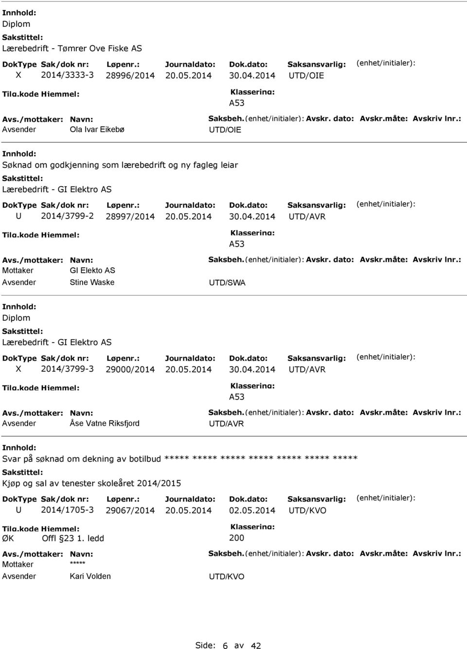 dato: Avskr.måte: Avskriv lnr.: Mottaker G Elekto AS Stine Waske TD/SWA Diplom Lærebedrift - G Elektro AS X 2014/3799-3 29000/2014 30.04.2014 TD/AVR A53 Avs./mottaker: Navn: Saksbeh. Avskr. dato: Avskr.