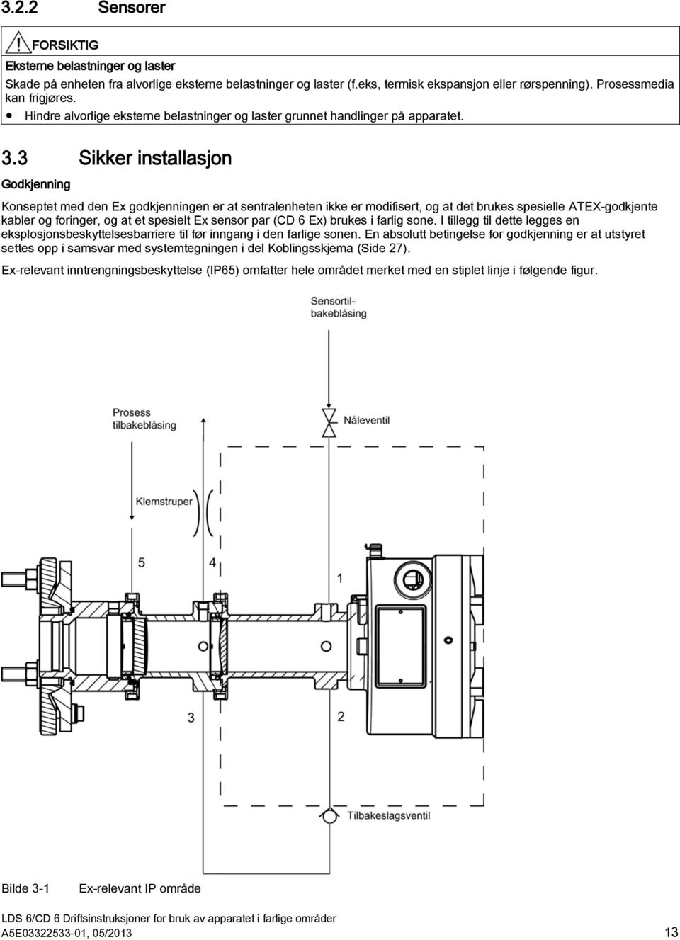 3 Sikker installasjon Godkjenning Konseptet med den Ex godkjenningen er at sentralenheten ikke er modifisert, og at det brukes spesielle ATEX-godkjente kabler og foringer, og at et spesielt Ex sensor