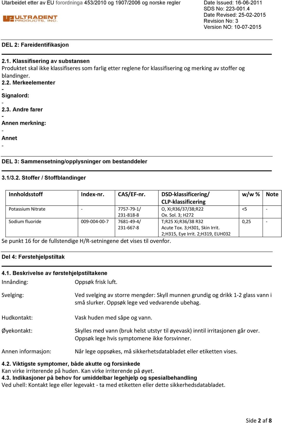 DSDklassificering/ CLPklassificering Potassium Nitrate 7757791/ 2318188 Sodium fluoride 009004007 7681494/ 2316678 Se punkt 16 for de fullstendige H/Rsetningene det vises til ovenfor.