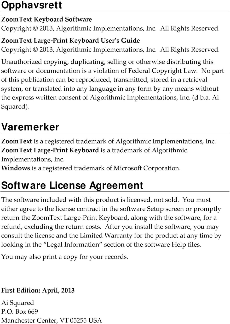 Unauthorized copying, duplicating, selling or otherwise distributing this software or documentation is a violation of Federal Copyright Law.