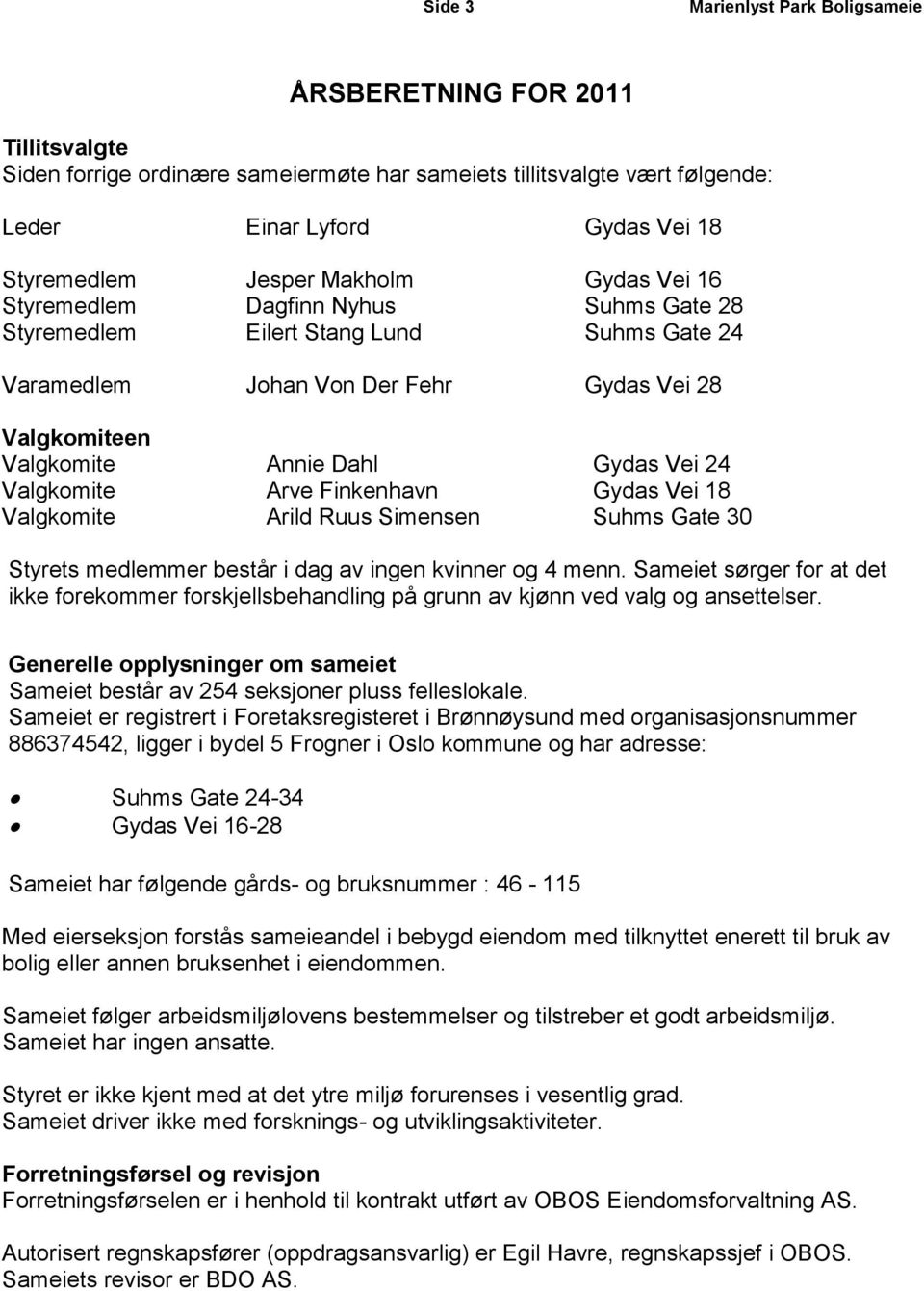 Valgkomite Arve Finkenhavn Gydas Vei 18 Valgkomite Arild Ruus Simensen Suhms Gate 30 Styrets medlemmer består i dag av ingen kvinner og 4 menn.