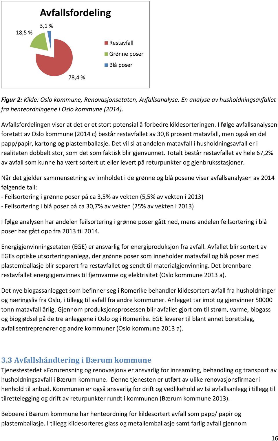 I følge avfallsanalysen foretatt av Oslo kommune (2014 c) består restavfallet av 30,8 prosent matavfall, men også en del papp/papir, kartong og plastemballasje.