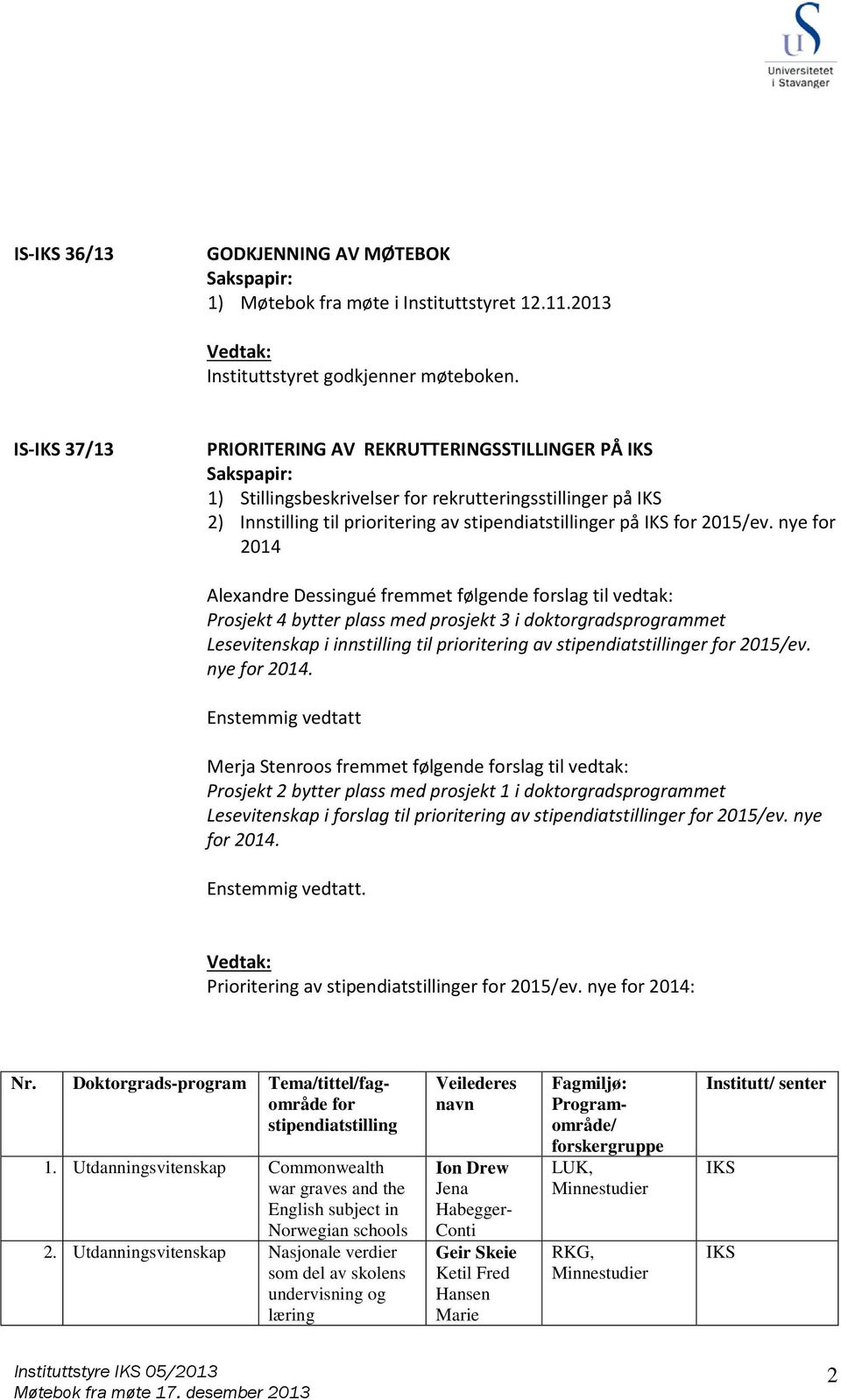 nye for 2014 Alexandre Dessingué fremmet følgende forslag til vedtak: Prosjekt 4 bytter plass med prosjekt 3 i doktorgradsprogrammet Lesevitenskap i innstilling til prioritering av